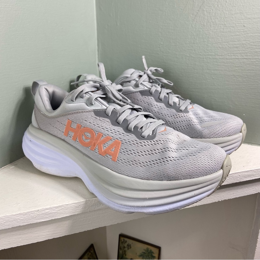 Hoka Women's one One Bondi 8 Athletic Running Shoes Size 8 B Gray Orange